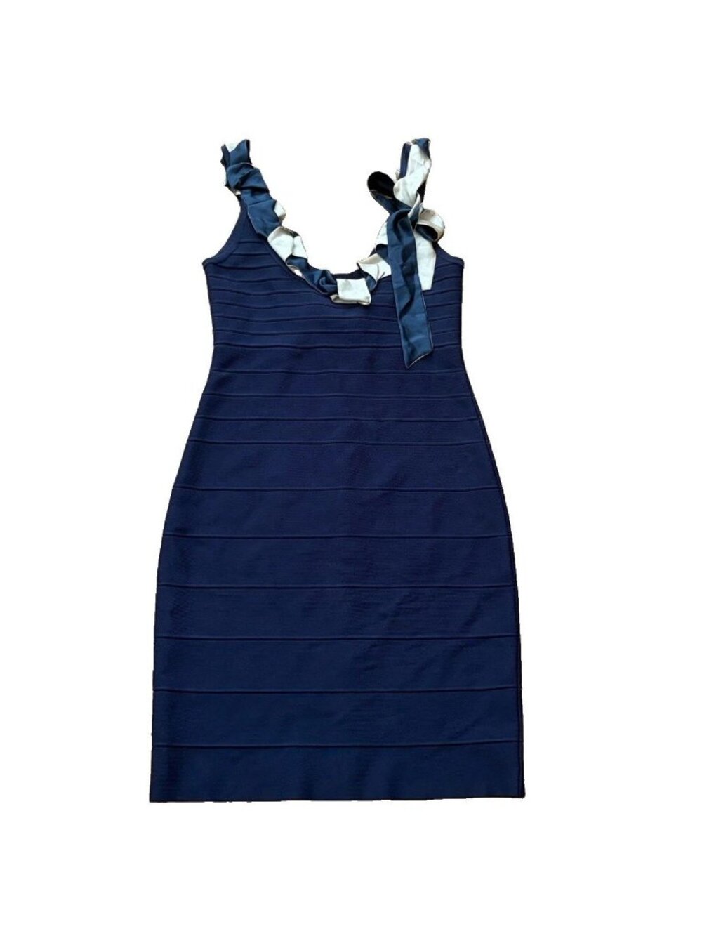 Hervé Léger Medium Navy Blue Bandage Dress Silk Accented Neckline Bodycon